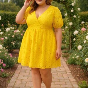 Prabal Gurung Yellow Lace women short sleeve Mini Dress PLUS size 14W